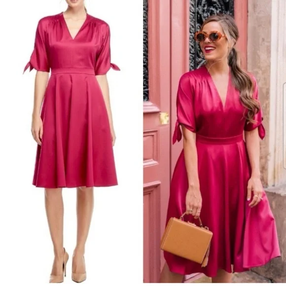 Gal Meets Glam Debbie Satin A-Line Midi Dress V-Neck Short Sleeve - Picture 7 of 9